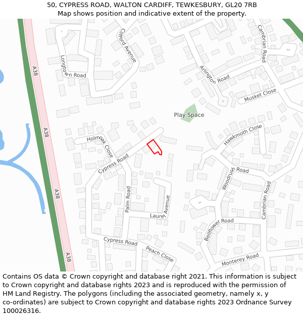 50, CYPRESS ROAD, WALTON CARDIFF, TEWKESBURY, GL20 7RB: Location map and indicative extent of plot