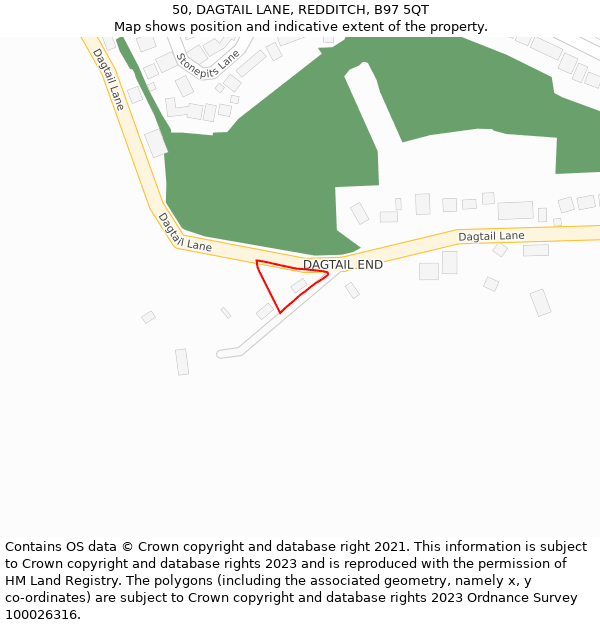 50, DAGTAIL LANE, REDDITCH, B97 5QT: Location map and indicative extent of plot