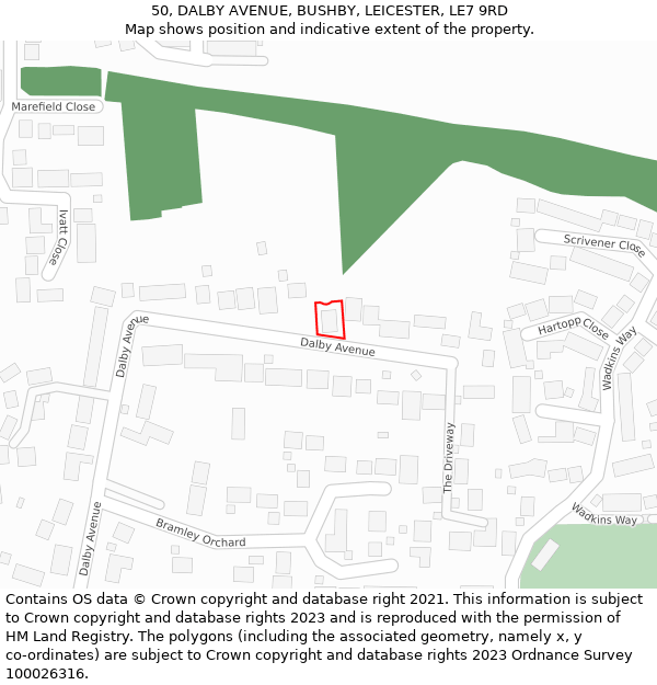 50, DALBY AVENUE, BUSHBY, LEICESTER, LE7 9RD: Location map and indicative extent of plot