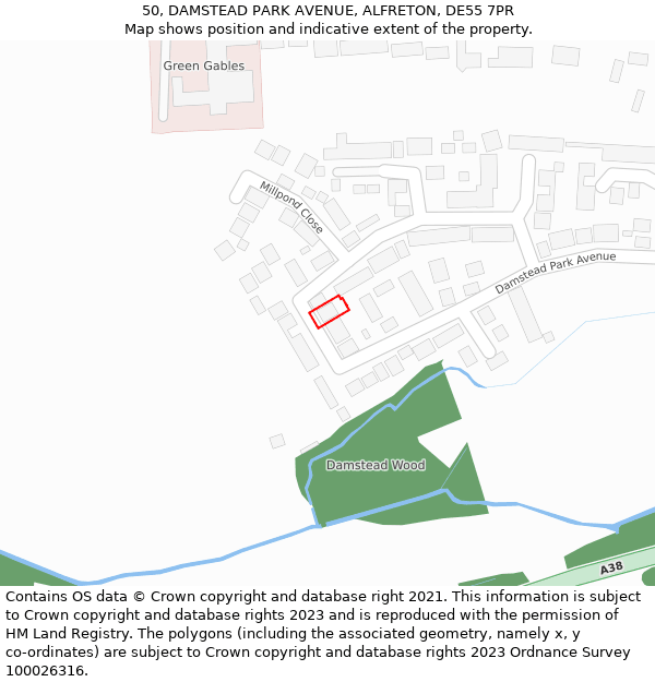 50, DAMSTEAD PARK AVENUE, ALFRETON, DE55 7PR: Location map and indicative extent of plot