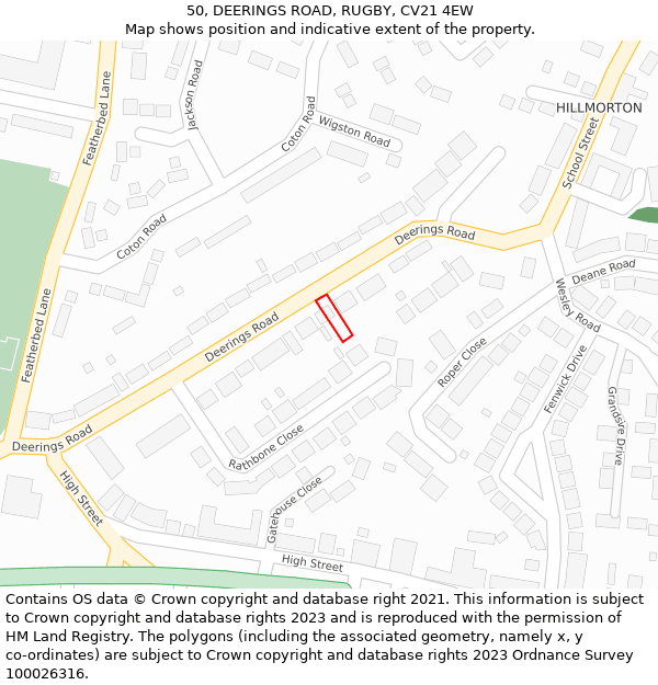 50, DEERINGS ROAD, RUGBY, CV21 4EW: Location map and indicative extent of plot