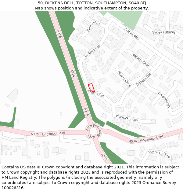 50, DICKENS DELL, TOTTON, SOUTHAMPTON, SO40 8FJ: Location map and indicative extent of plot