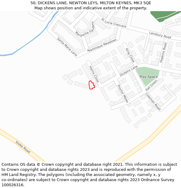 50, DICKENS LANE, NEWTON LEYS, MILTON KEYNES, MK3 5QE: Location map and indicative extent of plot