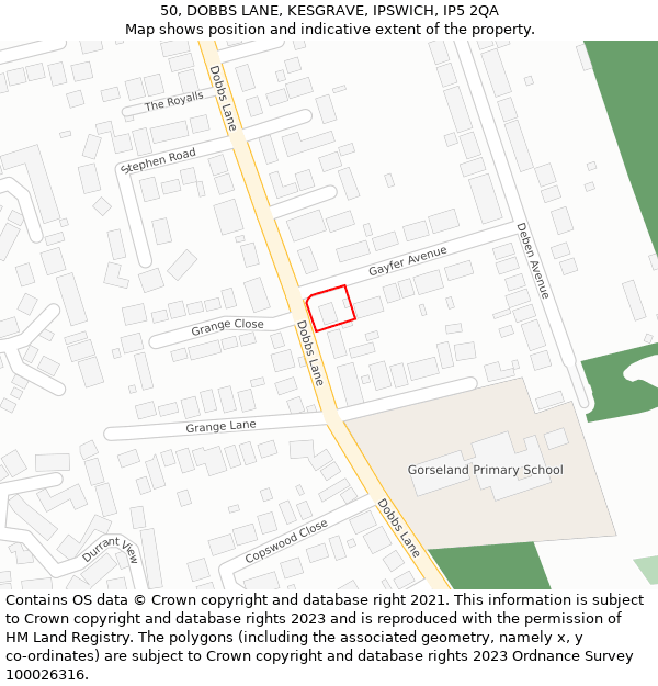50, DOBBS LANE, KESGRAVE, IPSWICH, IP5 2QA: Location map and indicative extent of plot