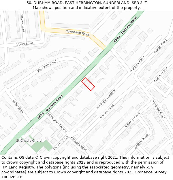 50, DURHAM ROAD, EAST HERRINGTON, SUNDERLAND, SR3 3LZ: Location map and indicative extent of plot