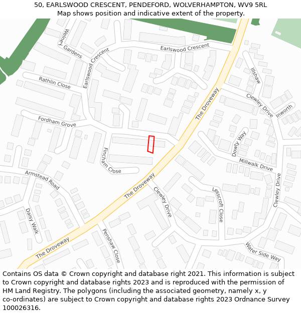 50, EARLSWOOD CRESCENT, PENDEFORD, WOLVERHAMPTON, WV9 5RL: Location map and indicative extent of plot