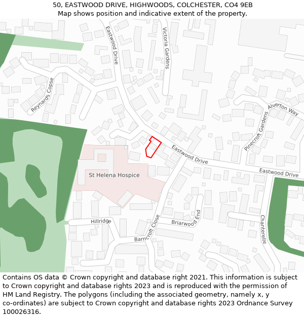 50, EASTWOOD DRIVE, HIGHWOODS, COLCHESTER, CO4 9EB: Location map and indicative extent of plot