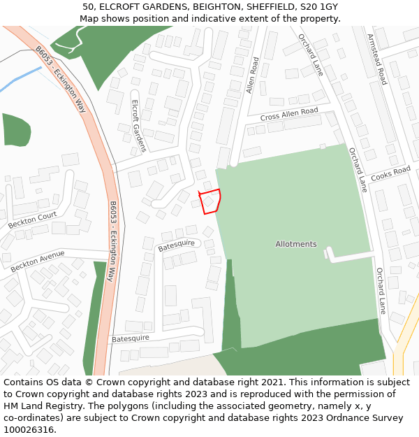 50, ELCROFT GARDENS, BEIGHTON, SHEFFIELD, S20 1GY: Location map and indicative extent of plot