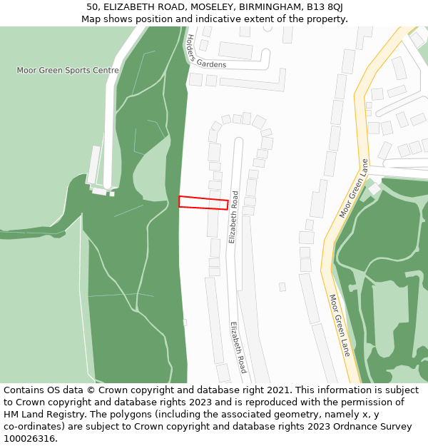50, ELIZABETH ROAD, MOSELEY, BIRMINGHAM, B13 8QJ: Location map and indicative extent of plot