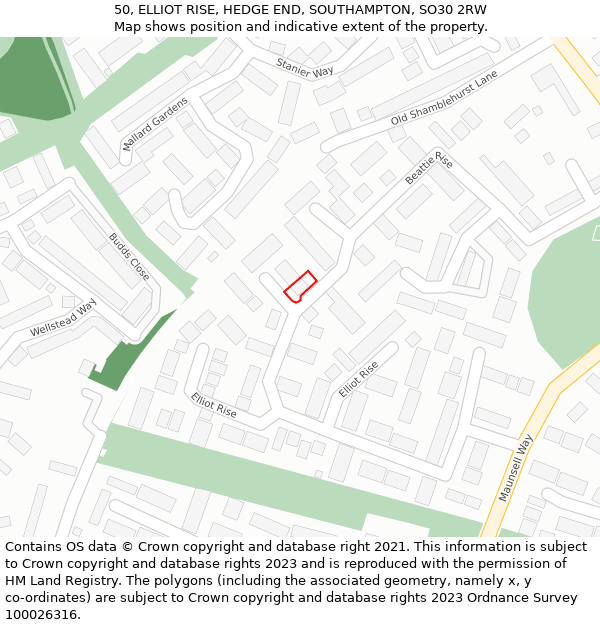 50, ELLIOT RISE, HEDGE END, SOUTHAMPTON, SO30 2RW: Location map and indicative extent of plot