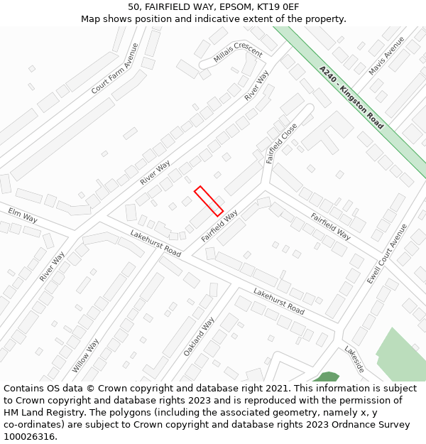 50, FAIRFIELD WAY, EPSOM, KT19 0EF: Location map and indicative extent of plot