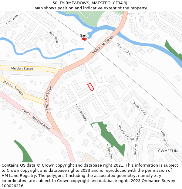50, FAIRMEADOWS, MAESTEG, CF34 9JL: Location map and indicative extent of plot