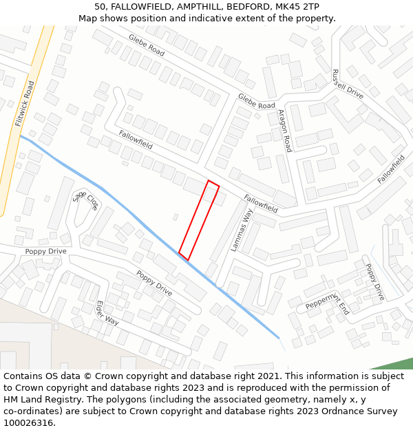 50, FALLOWFIELD, AMPTHILL, BEDFORD, MK45 2TP: Location map and indicative extent of plot