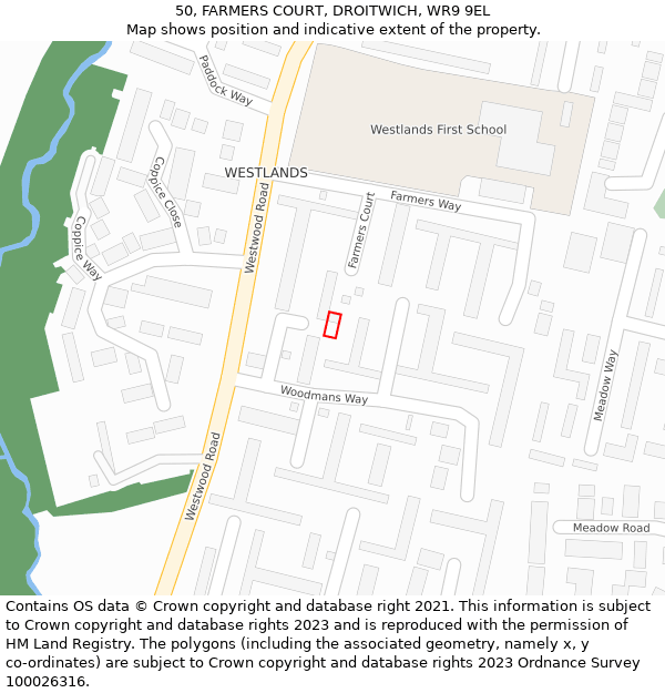 50, FARMERS COURT, DROITWICH, WR9 9EL: Location map and indicative extent of plot