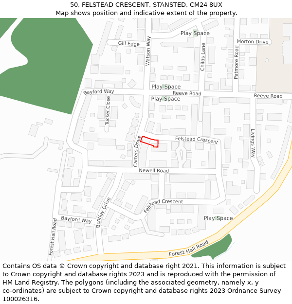 50, FELSTEAD CRESCENT, STANSTED, CM24 8UX: Location map and indicative extent of plot