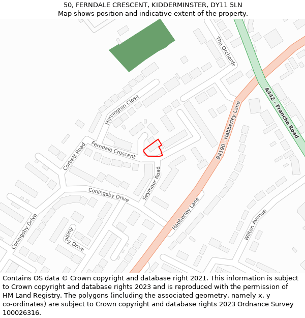 50, FERNDALE CRESCENT, KIDDERMINSTER, DY11 5LN: Location map and indicative extent of plot
