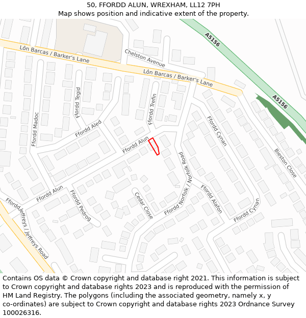 50, FFORDD ALUN, WREXHAM, LL12 7PH: Location map and indicative extent of plot