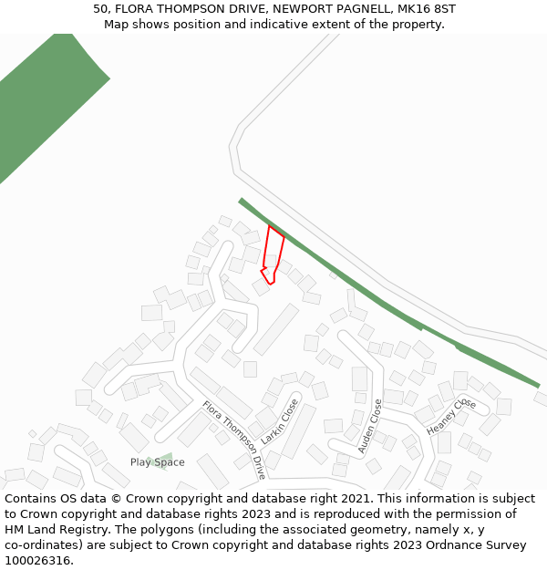 50, FLORA THOMPSON DRIVE, NEWPORT PAGNELL, MK16 8ST: Location map and indicative extent of plot