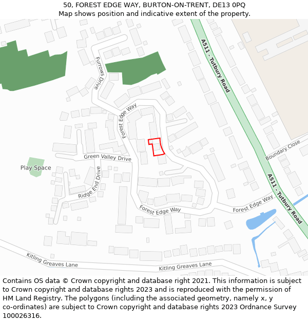 50, FOREST EDGE WAY, BURTON-ON-TRENT, DE13 0PQ: Location map and indicative extent of plot