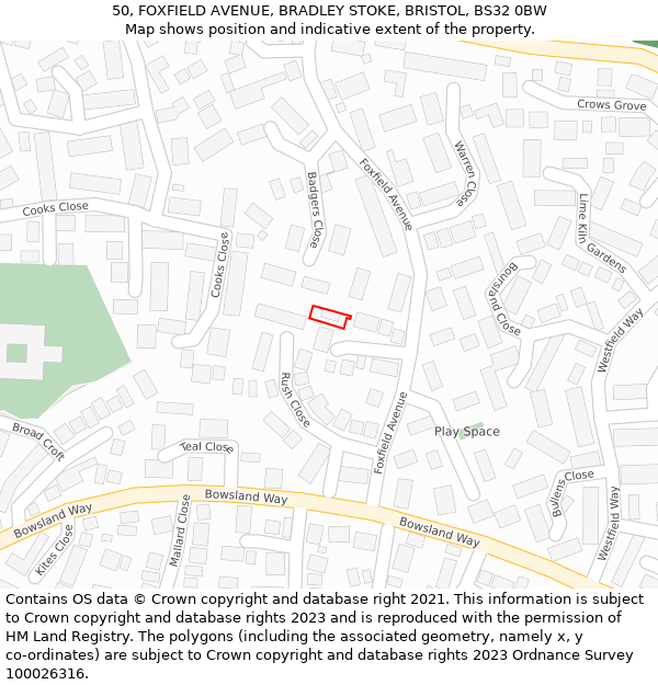 50, FOXFIELD AVENUE, BRADLEY STOKE, BRISTOL, BS32 0BW: Location map and indicative extent of plot