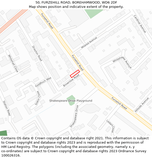 50, FURZEHILL ROAD, BOREHAMWOOD, WD6 2DF: Location map and indicative extent of plot
