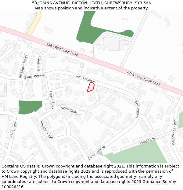 50, GAINS AVENUE, BICTON HEATH, SHREWSBURY, SY3 5AN: Location map and indicative extent of plot