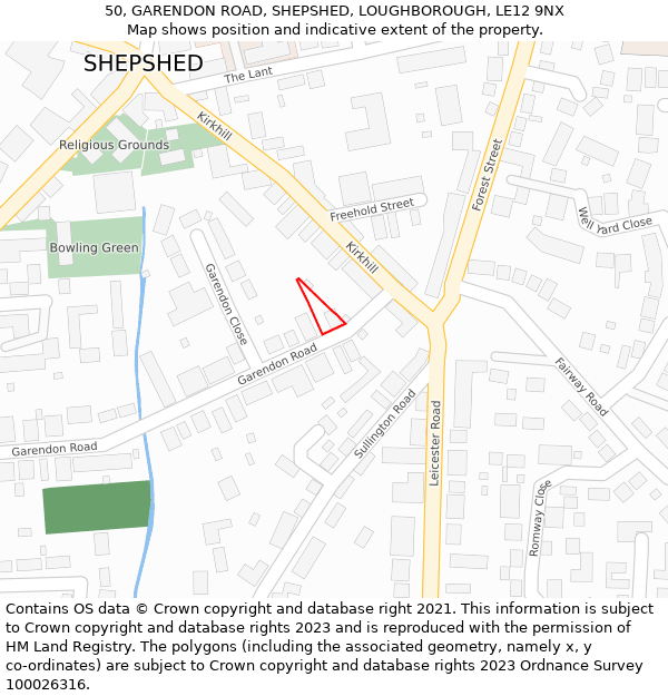 50, GARENDON ROAD, SHEPSHED, LOUGHBOROUGH, LE12 9NX: Location map and indicative extent of plot