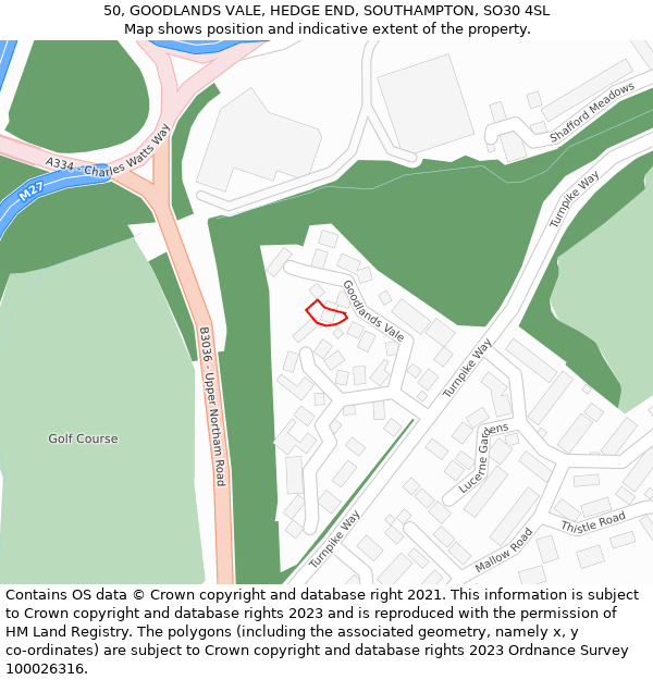 50, GOODLANDS VALE, HEDGE END, SOUTHAMPTON, SO30 4SL: Location map and indicative extent of plot