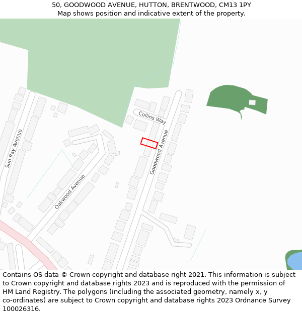 50, GOODWOOD AVENUE, HUTTON, BRENTWOOD, CM13 1PY: Location map and indicative extent of plot