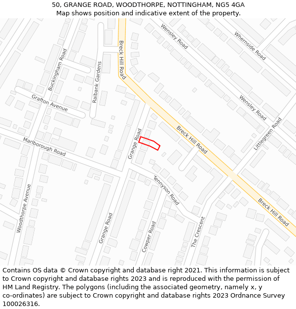 50, GRANGE ROAD, WOODTHORPE, NOTTINGHAM, NG5 4GA: Location map and indicative extent of plot