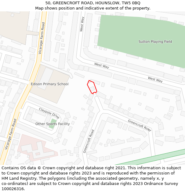 50, GREENCROFT ROAD, HOUNSLOW, TW5 0BQ: Location map and indicative extent of plot