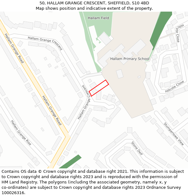 50, HALLAM GRANGE CRESCENT, SHEFFIELD, S10 4BD: Location map and indicative extent of plot