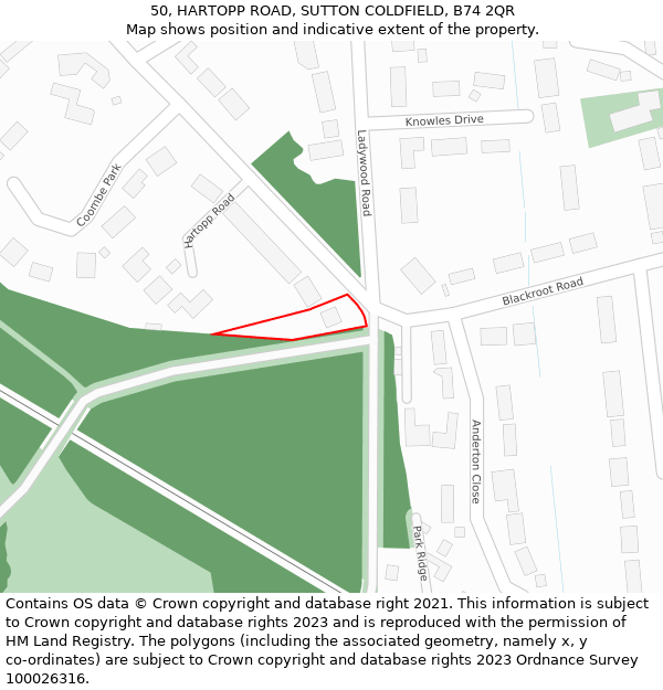 50, HARTOPP ROAD, SUTTON COLDFIELD, B74 2QR: Location map and indicative extent of plot