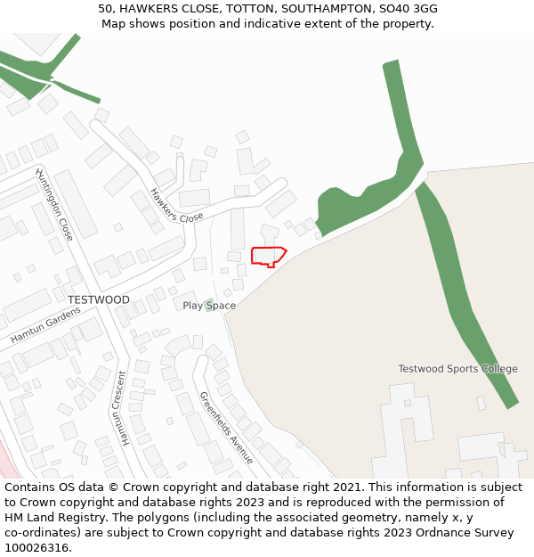 50, HAWKERS CLOSE, TOTTON, SOUTHAMPTON, SO40 3GG: Location map and indicative extent of plot