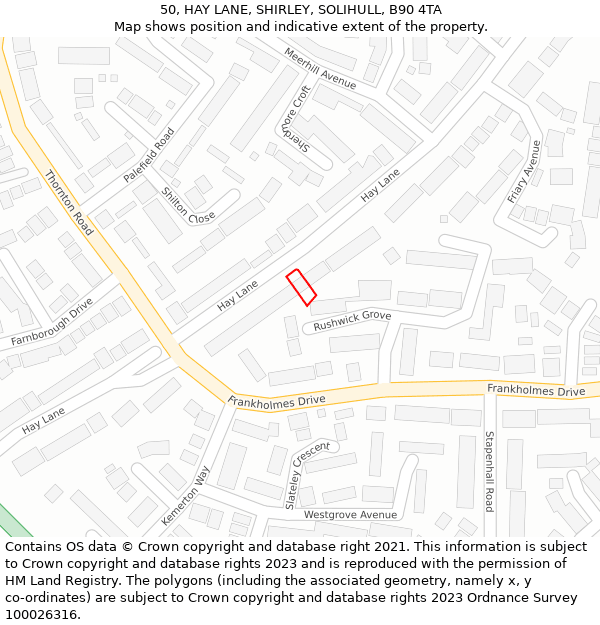 50, HAY LANE, SHIRLEY, SOLIHULL, B90 4TA: Location map and indicative extent of plot