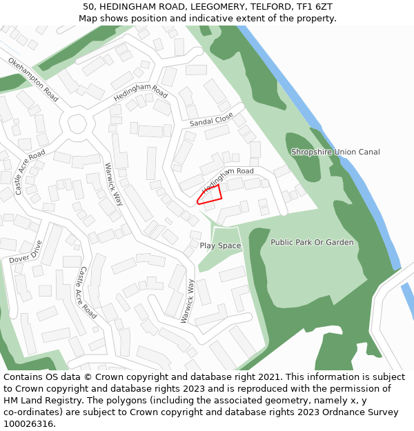 50, HEDINGHAM ROAD, LEEGOMERY, TELFORD, TF1 6ZT: Location map and indicative extent of plot
