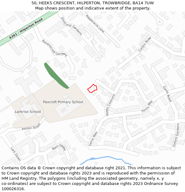 50, HEEKS CRESCENT, HILPERTON, TROWBRIDGE, BA14 7UW: Location map and indicative extent of plot