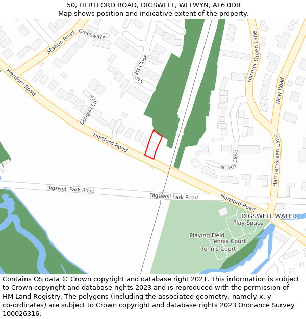 50, HERTFORD ROAD, DIGSWELL, WELWYN, AL6 0DB: Location map and indicative extent of plot