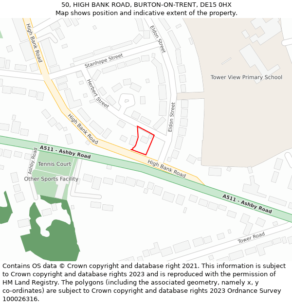 50, HIGH BANK ROAD, BURTON-ON-TRENT, DE15 0HX: Location map and indicative extent of plot