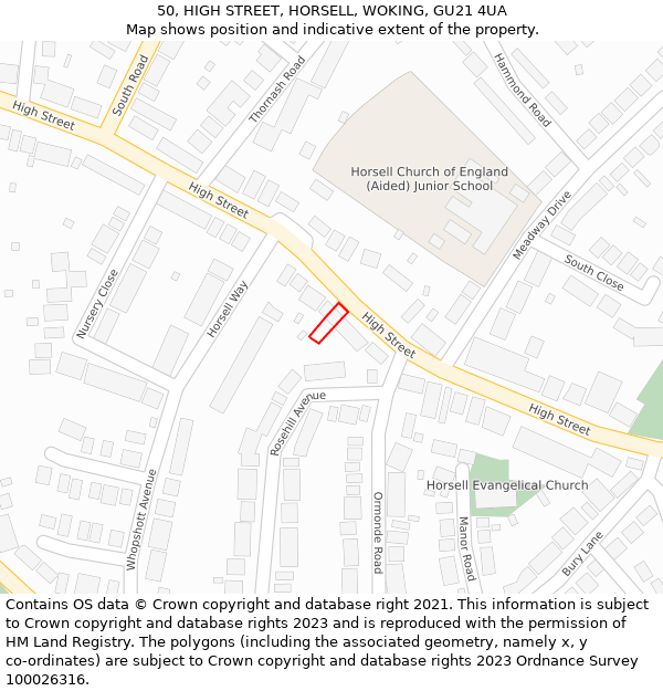 50, HIGH STREET, HORSELL, WOKING, GU21 4UA: Location map and indicative extent of plot