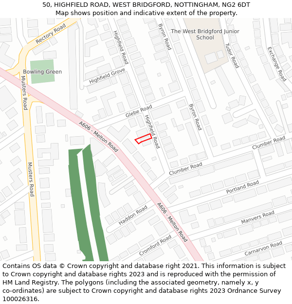 50, HIGHFIELD ROAD, WEST BRIDGFORD, NOTTINGHAM, NG2 6DT: Location map and indicative extent of plot