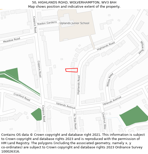 50, HIGHLANDS ROAD, WOLVERHAMPTON, WV3 8AH: Location map and indicative extent of plot