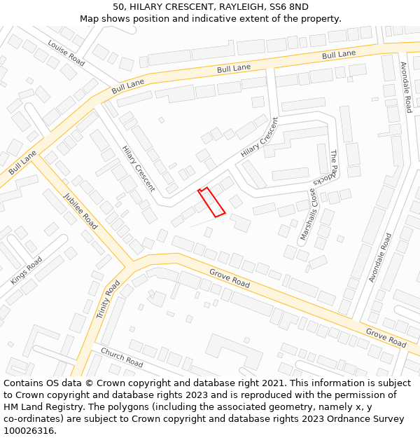 50, HILARY CRESCENT, RAYLEIGH, SS6 8ND: Location map and indicative extent of plot