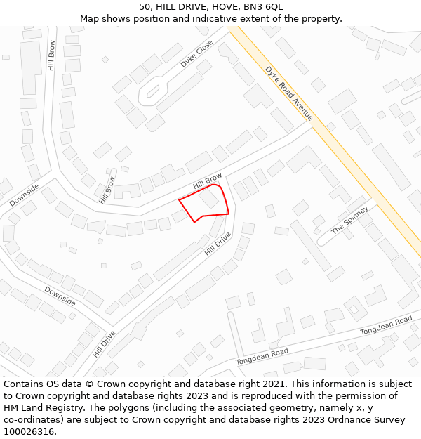 50, HILL DRIVE, HOVE, BN3 6QL: Location map and indicative extent of plot