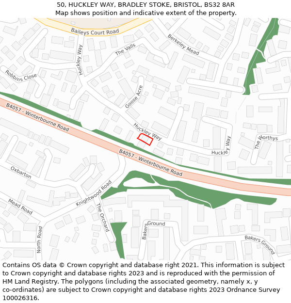 50, HUCKLEY WAY, BRADLEY STOKE, BRISTOL, BS32 8AR: Location map and indicative extent of plot