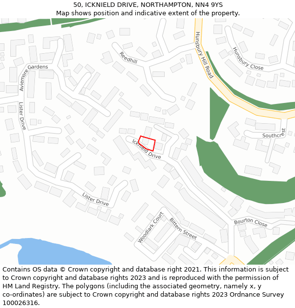 50, ICKNIELD DRIVE, NORTHAMPTON, NN4 9YS: Location map and indicative extent of plot