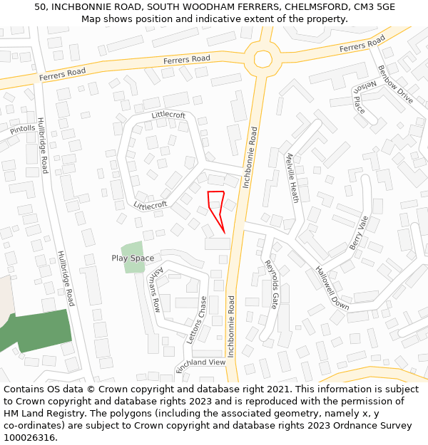 50, INCHBONNIE ROAD, SOUTH WOODHAM FERRERS, CHELMSFORD, CM3 5GE: Location map and indicative extent of plot