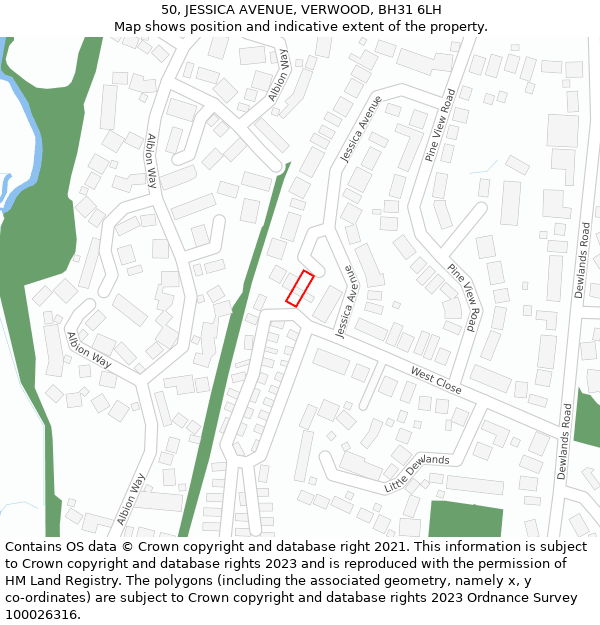 50, JESSICA AVENUE, VERWOOD, BH31 6LH: Location map and indicative extent of plot