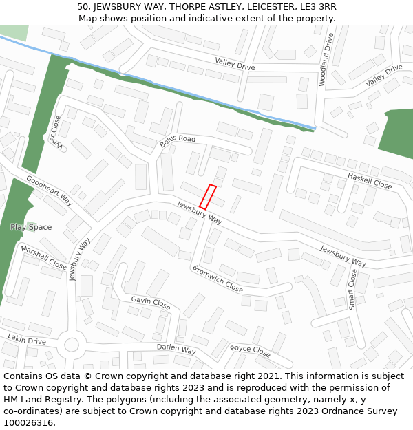 50, JEWSBURY WAY, THORPE ASTLEY, LEICESTER, LE3 3RR: Location map and indicative extent of plot
