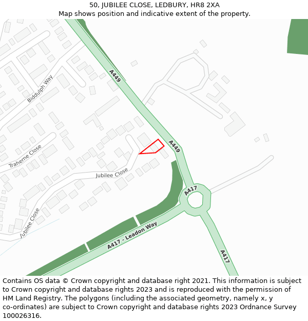 50, JUBILEE CLOSE, LEDBURY, HR8 2XA: Location map and indicative extent of plot